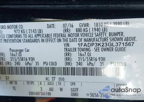 2016 Ford Focus Se из США, поврежденный, VIN 1FADP3K23GL371567